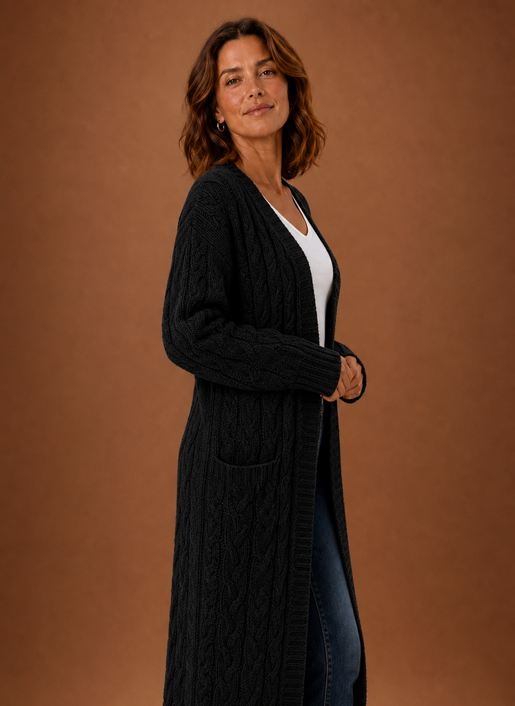Black cable knit hooded cardigan side view