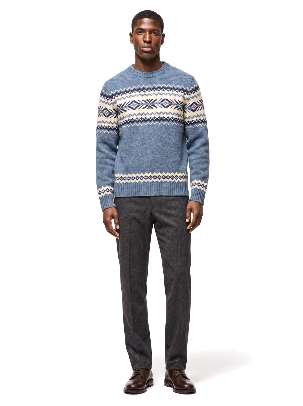 Vintage Fair Isle crew neck sweater worn by model, front view on white