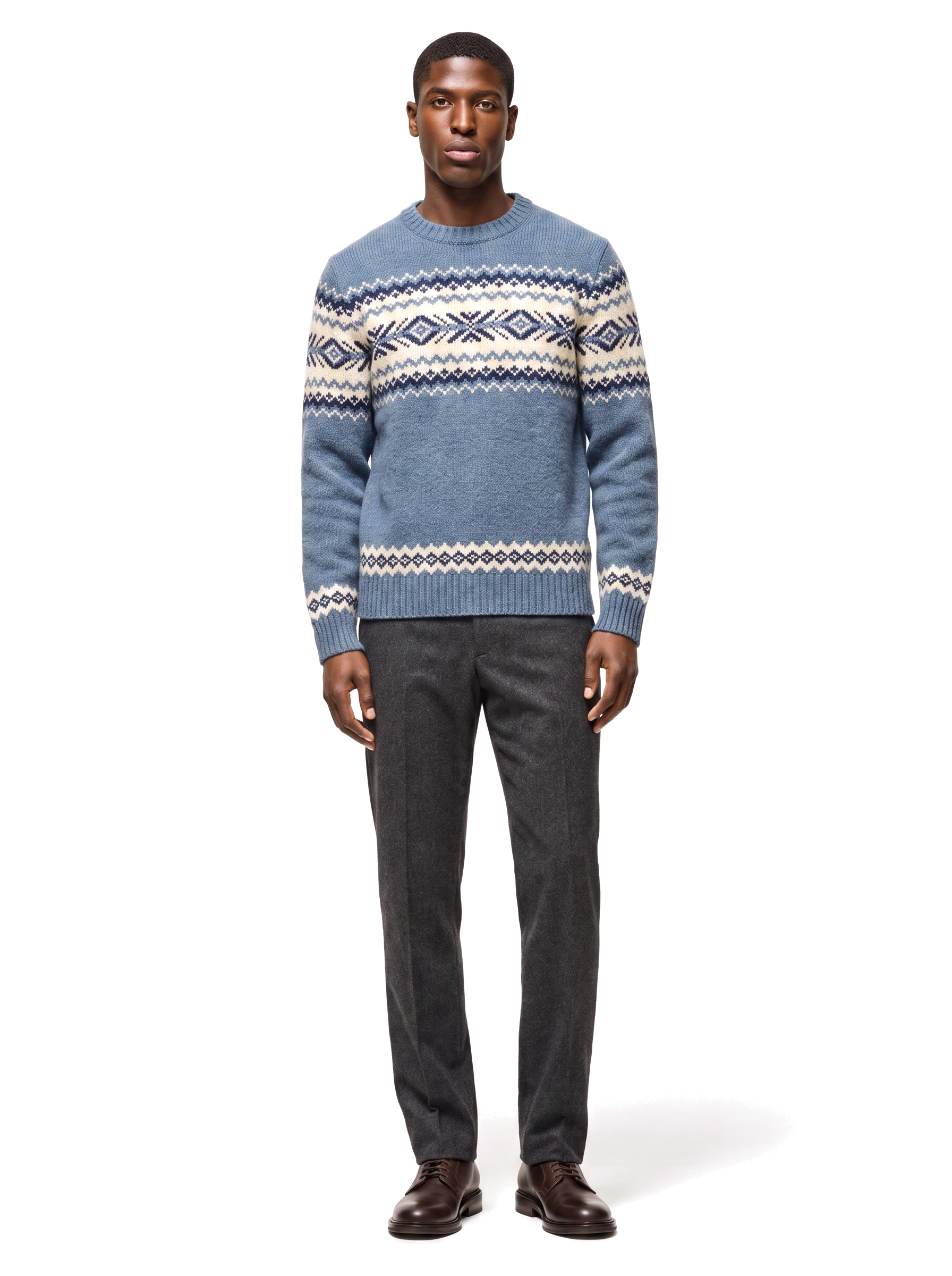 Vintage Fair Isle crew neck sweater worn by model, front view on white