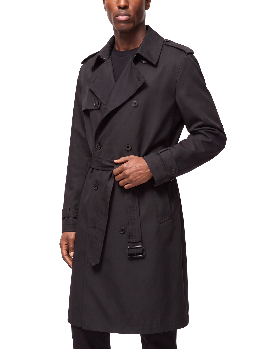 Black trench coat tailored fit three quarter view
