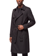Black trench coat tailored fit three quarter view