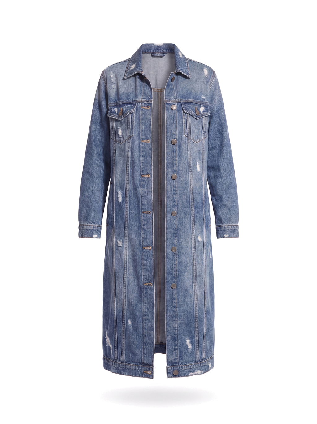 Denim duster coat product shot on white background