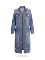 Denim duster coat product shot on white background