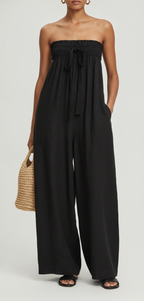 Women’s Strapless Linen Blend Jumpsuit – Minimalist Tie-Front Loose Fit Full-Length
