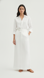 Womens linen two piece set, relaxed shirt and flowing maxi skirt front view