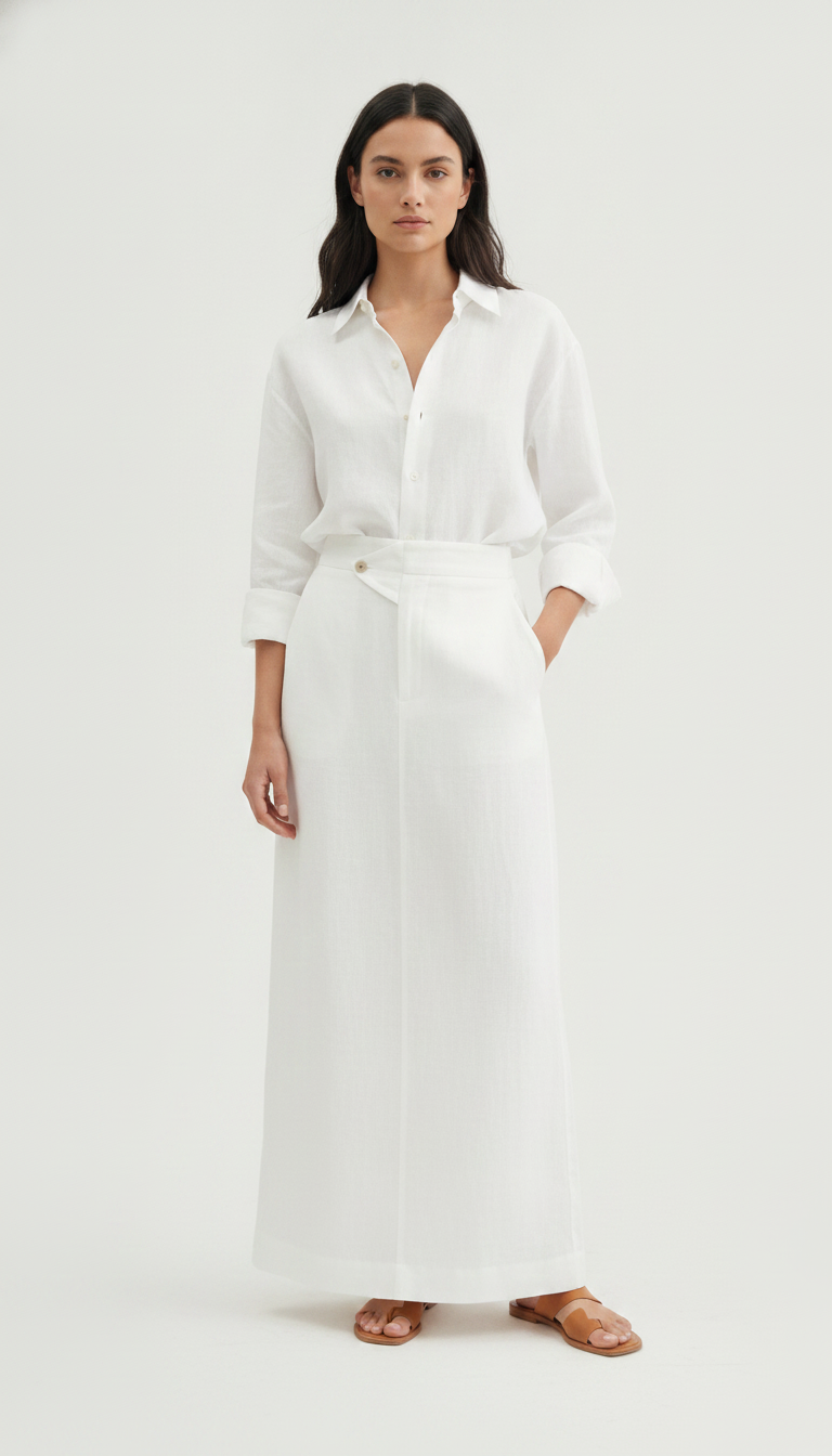 Womens linen two piece set, relaxed shirt and flowing maxi skirt front view