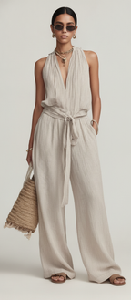 Women’s Linen Backless Lace-Up Jumpsuit – Loose Fit Summer Romper