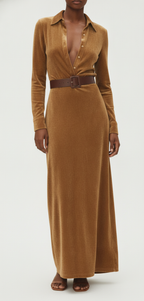 Women’s Faux Suede Lapel Belted Maxi Dress – Long Sleeve Formal