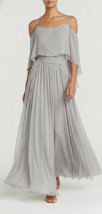 Grey chiffon two piece set, cold shoulder top and flared outfit front view