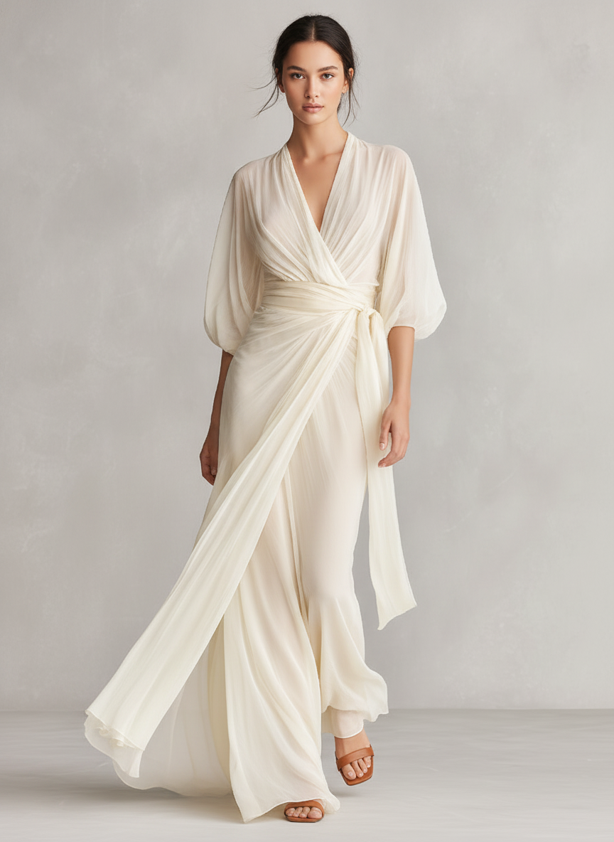 Women’s Ivory Sheer Chiffon Puff Sleeve Wrap Maxi Dress – Romantic Luxe Elegance