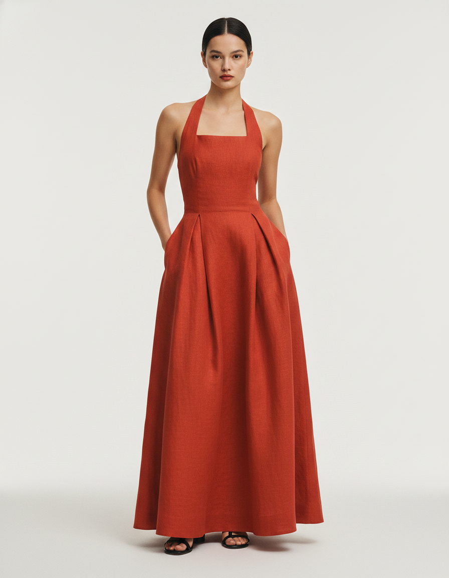 Red linen halter maxi dress front view, pleated flowing resort summer dress