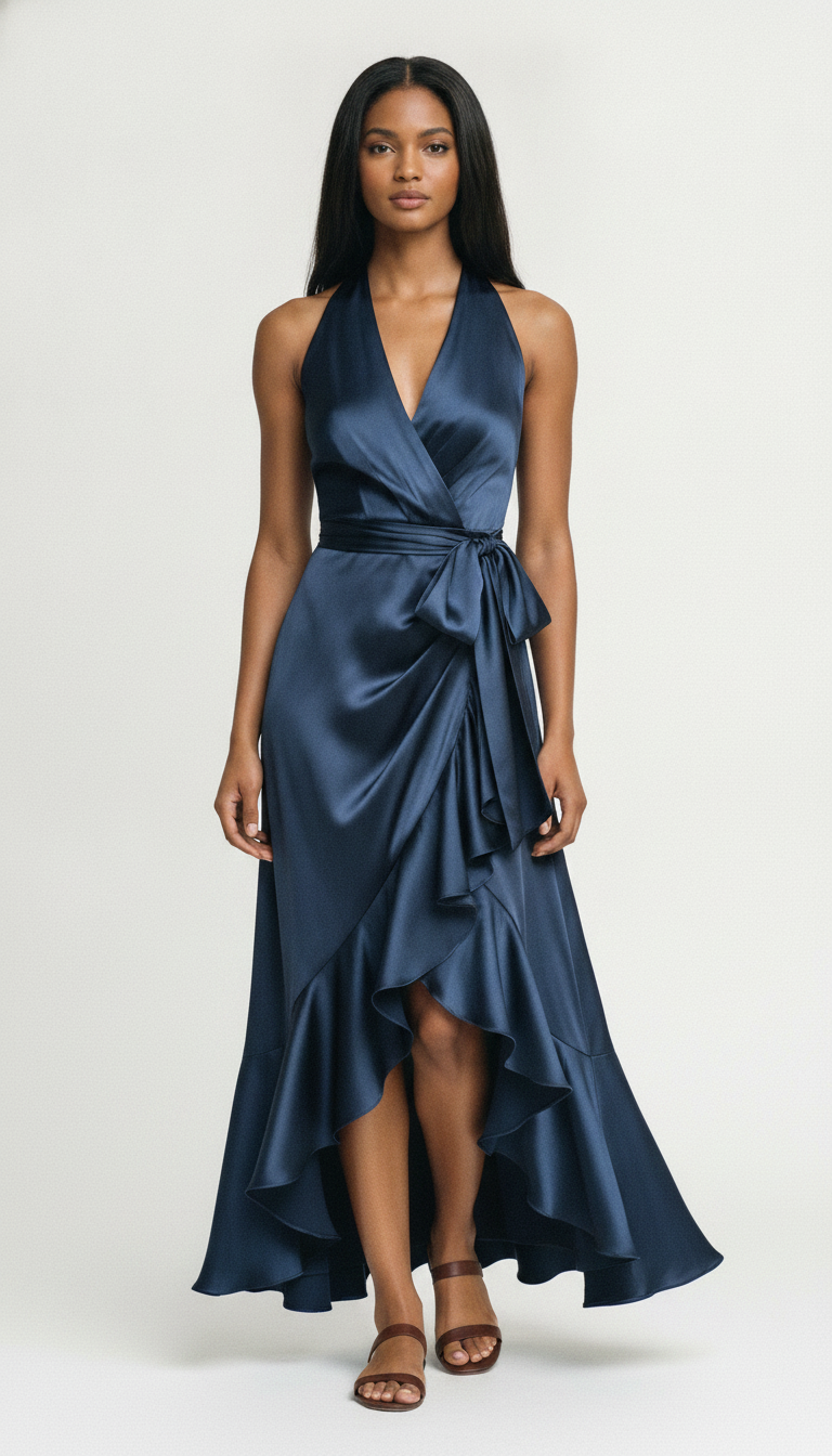 Satin Halter Gown with Ruffle Hem for Formal Weddings and Events