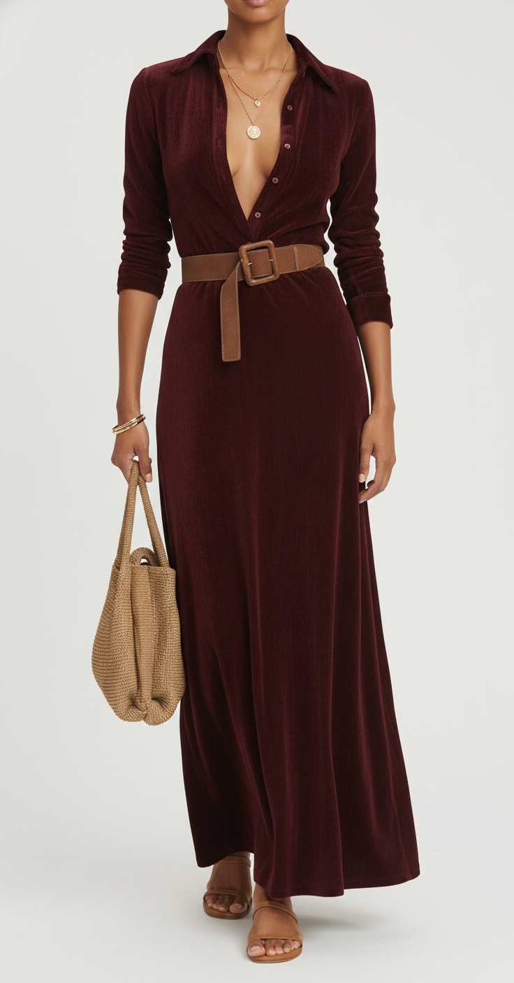 Women’s Belted Faux Suede Maxi Dress – Button Front Long Sleeve Dress