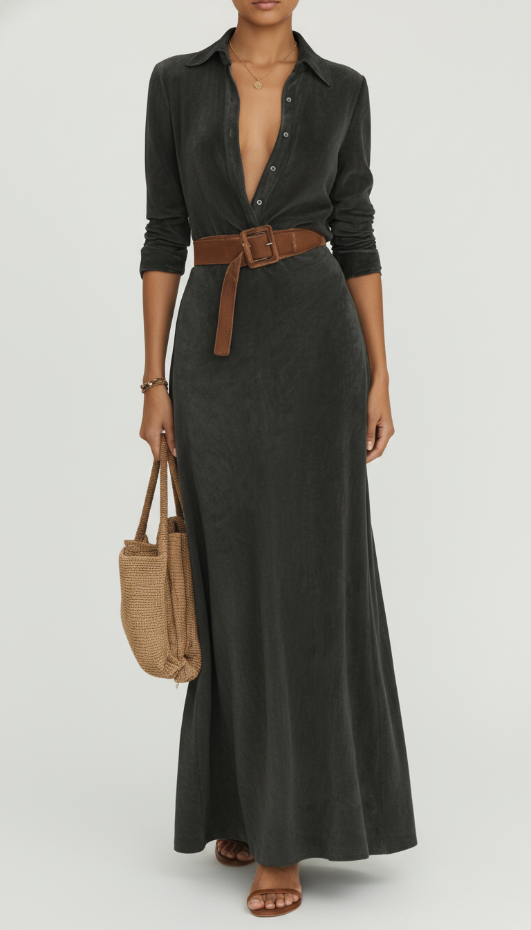 Women’s Belted Faux Suede Maxi Dress – Button Front Long Sleeve Dress