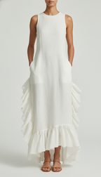 Women’s Ivory Linen Sleeveless Maxi Dress – Round Neck with Ruffle Hem