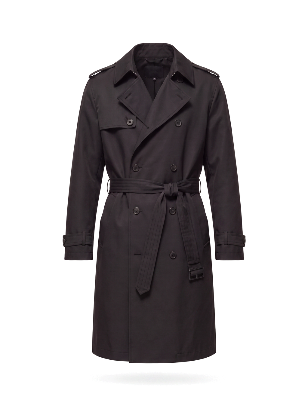 Black belted trench coat product shot on white background