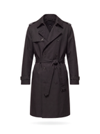 Black belted trench coat product shot on white background