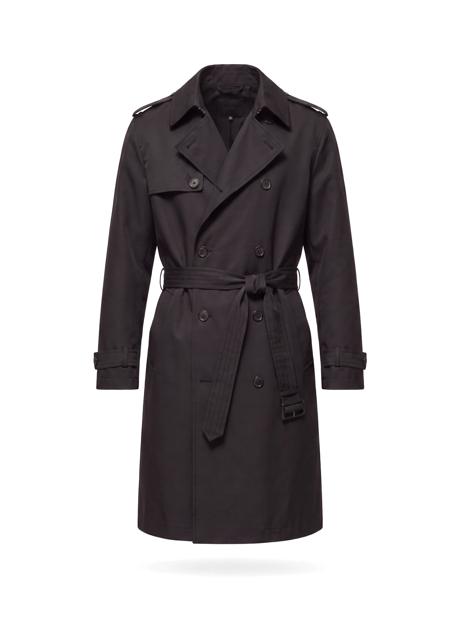 Black belted trench coat product shot on white background