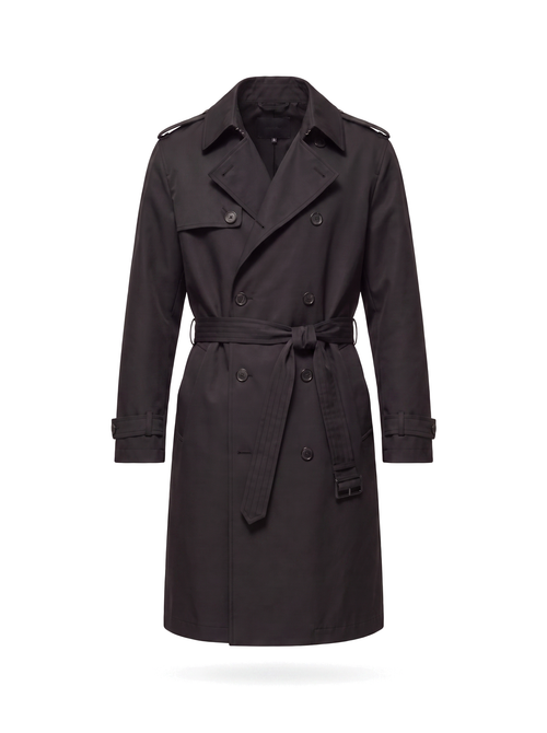 Black belted trench coat product shot on white background