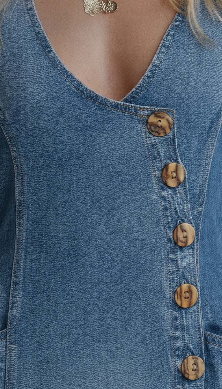 Denim Maxi Dress for Women with Deep V Neck & High Slit | Stylish Long-Sleeved Design for Everyday Fashion