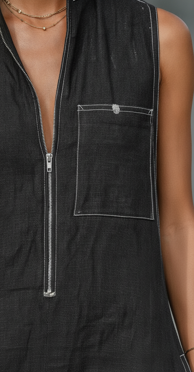 Women’s Minimalist Sleeveless Wide-Leg Jumpsuit – Contrast Trim Zipper Neck