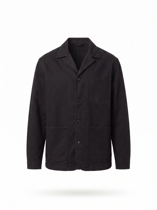 Black canvas chore jacket product shot on white background