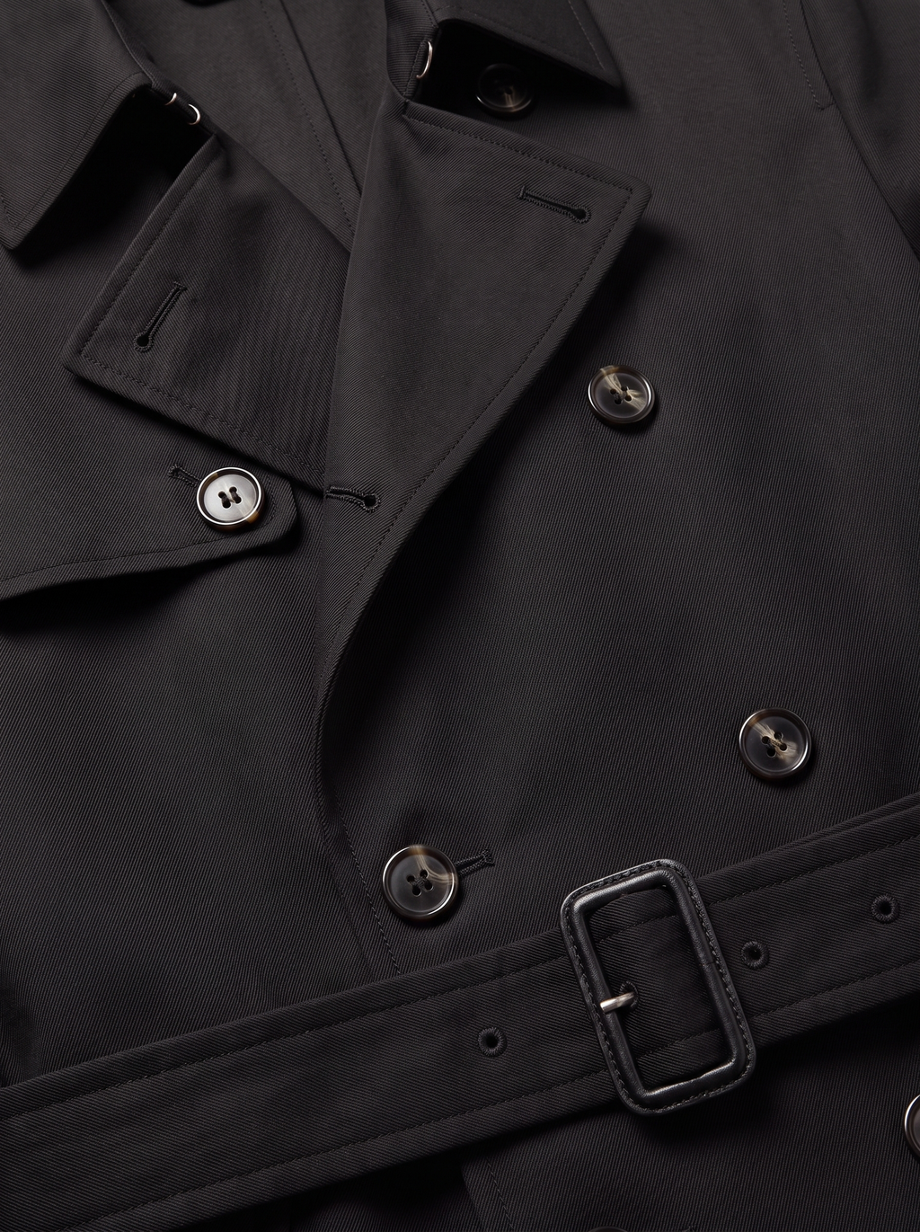 Black trench coat lapel and belt close up detail