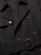 Black trench coat lapel and belt close up detail