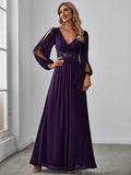 Elegant Chiffon V-Neck Long Sleeve Formal Evening Dress for Women