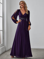 Elegant Chiffon V-Neck Long Sleeve Formal Evening Dress for Women
