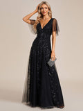 Shimmery Ruffle Sleeves Maxi Sequin Evening Dress for Women