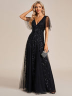 Shimmery Ruffle Sleeves Maxi Sequin Evening Dress for Women