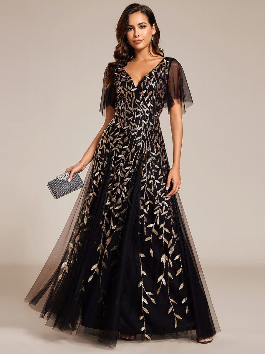 Shimmery sequin evening gown styled with heels for gala night