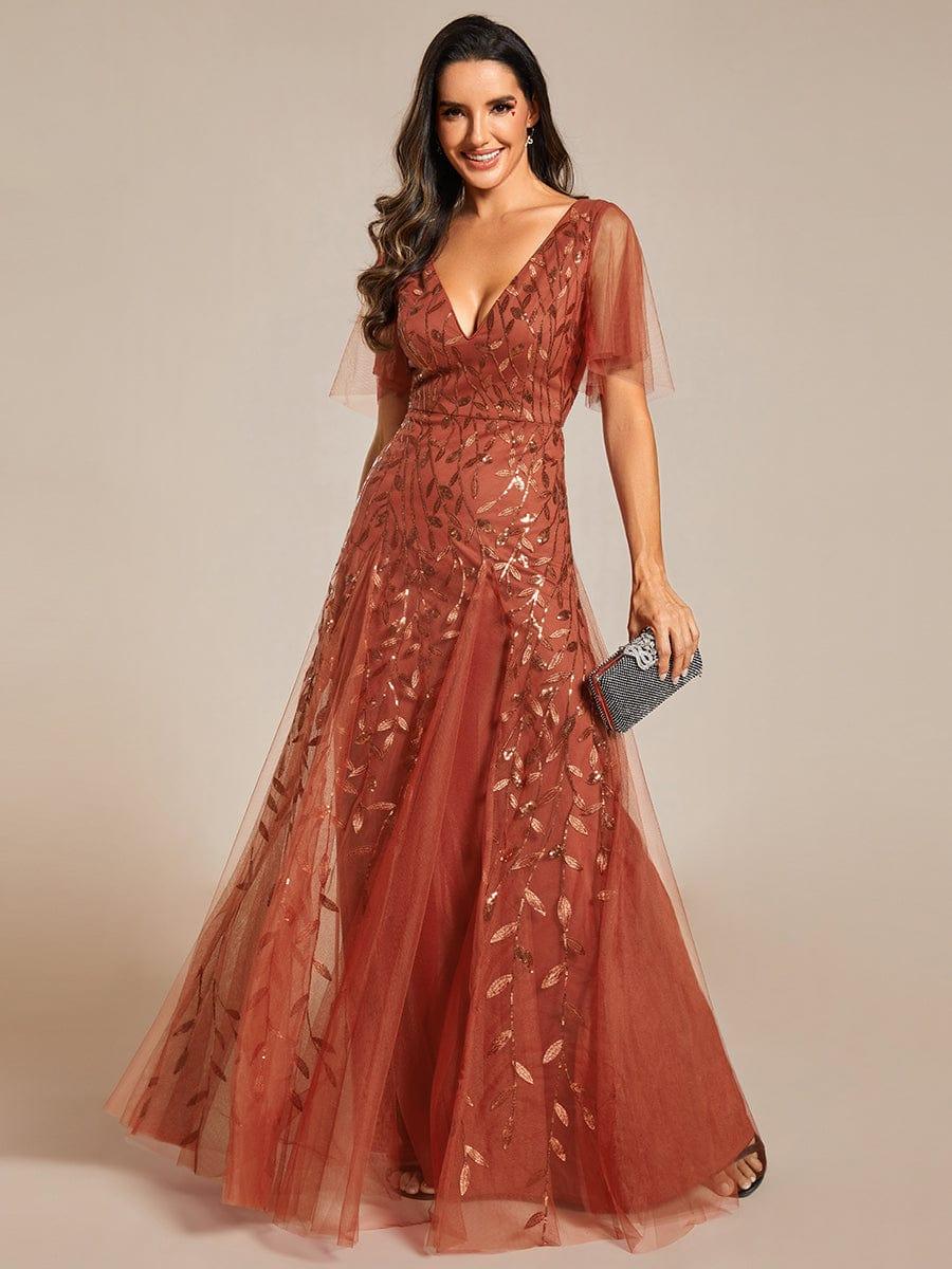 Sequin Evening Dress, Shimmery Ruffle Sleeve Maxi Gown