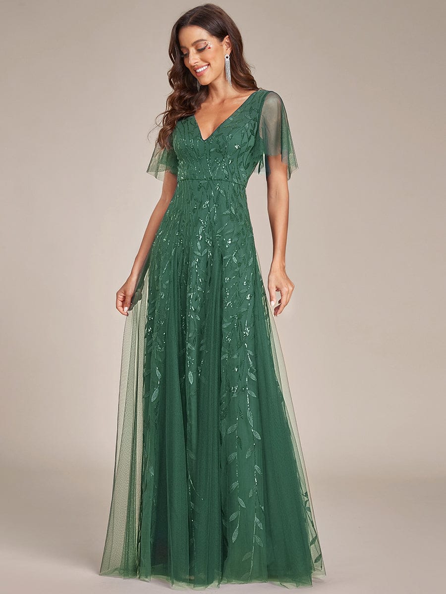 Sequin Evening Dress, Shimmery Ruffle Sleeve Maxi Gown