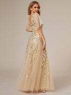 Shimmery Ruffle Sleeves Maxi Sequin Evening Dress for Women