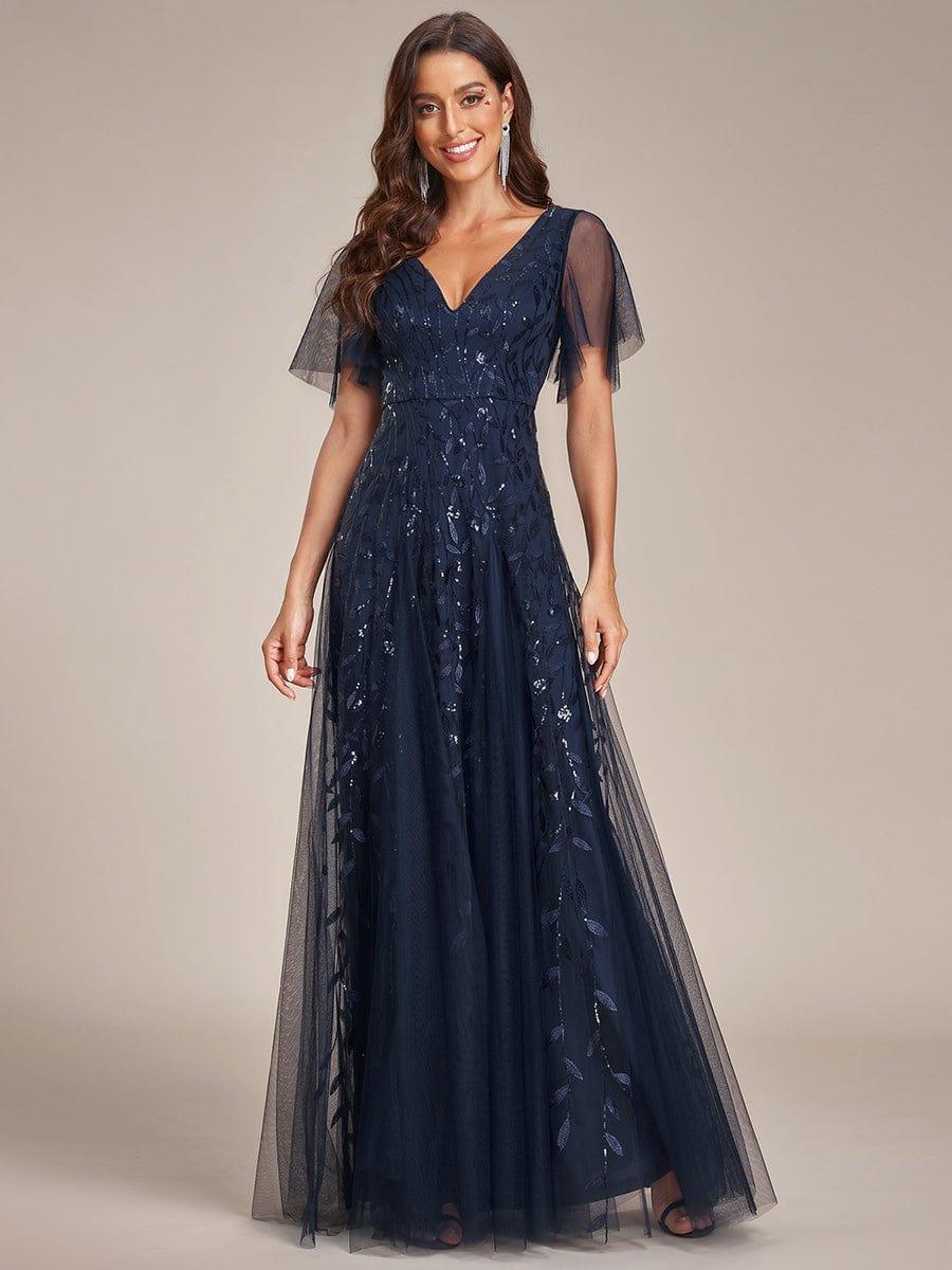 Shimmery Ruffle Sleeves Maxi Sequin Evening Dress for Women