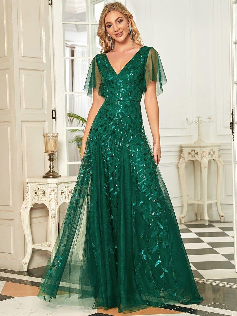 Detail of romantic ruffle sleeve on sequin evening gown