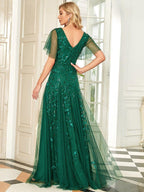 Shimmery Ruffle Sleeves Maxi Sequin Evening Dress for Women