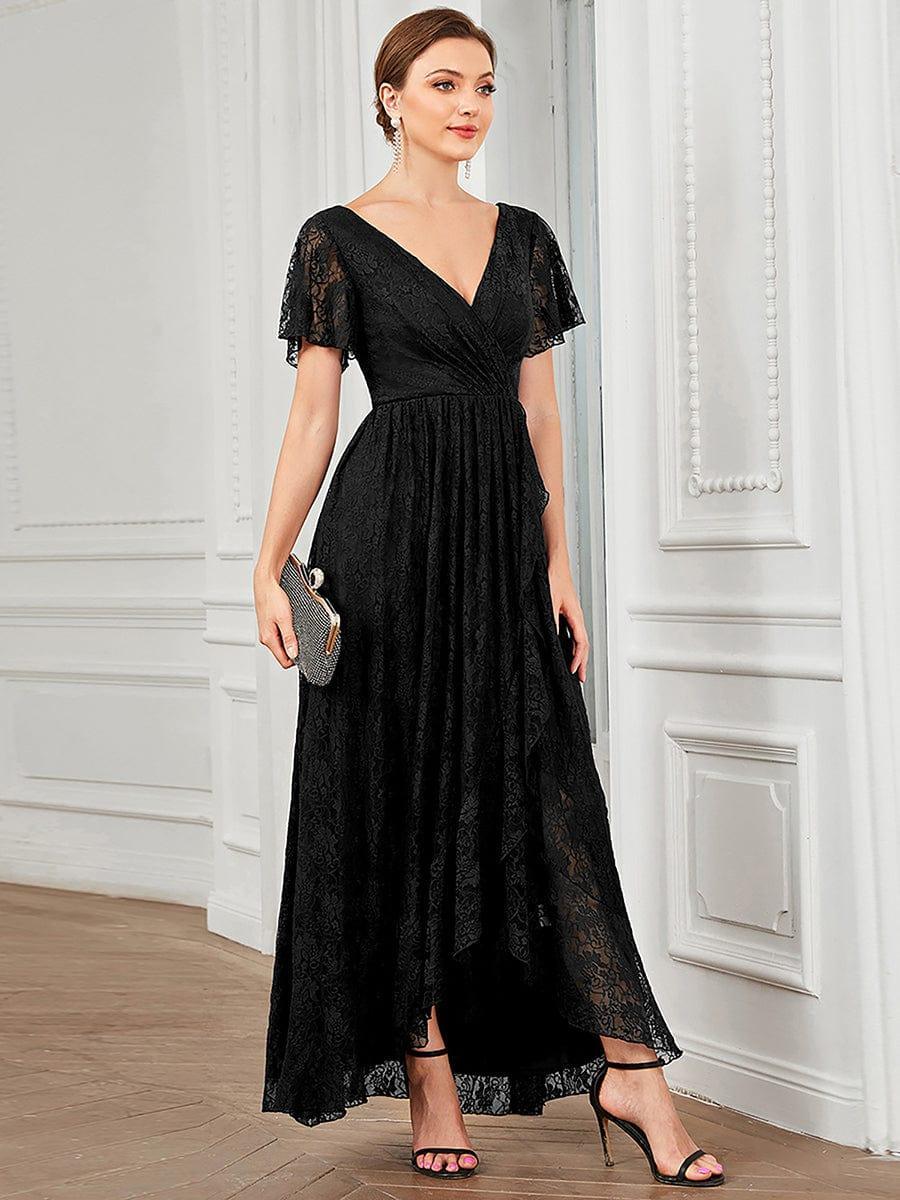 Elegant lace maxi gown styled for wedding guest look