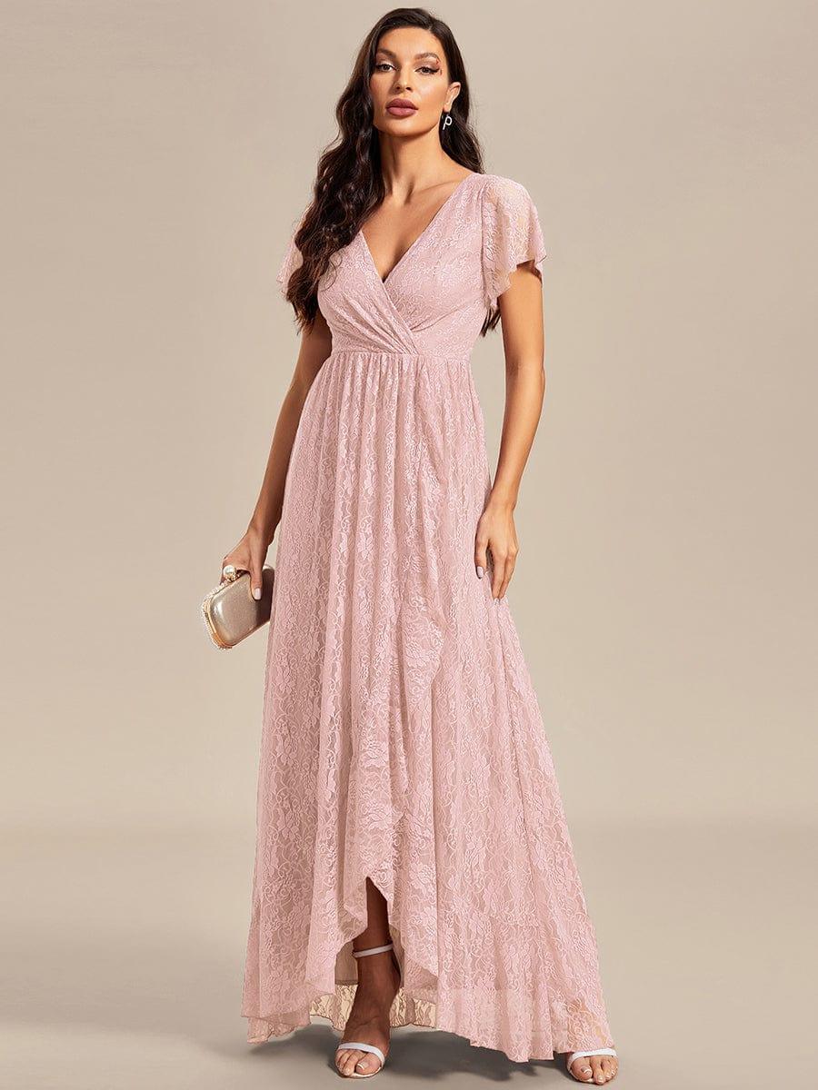 Lace Evening Dress, Pleated V Neck Formal Maxi Gown