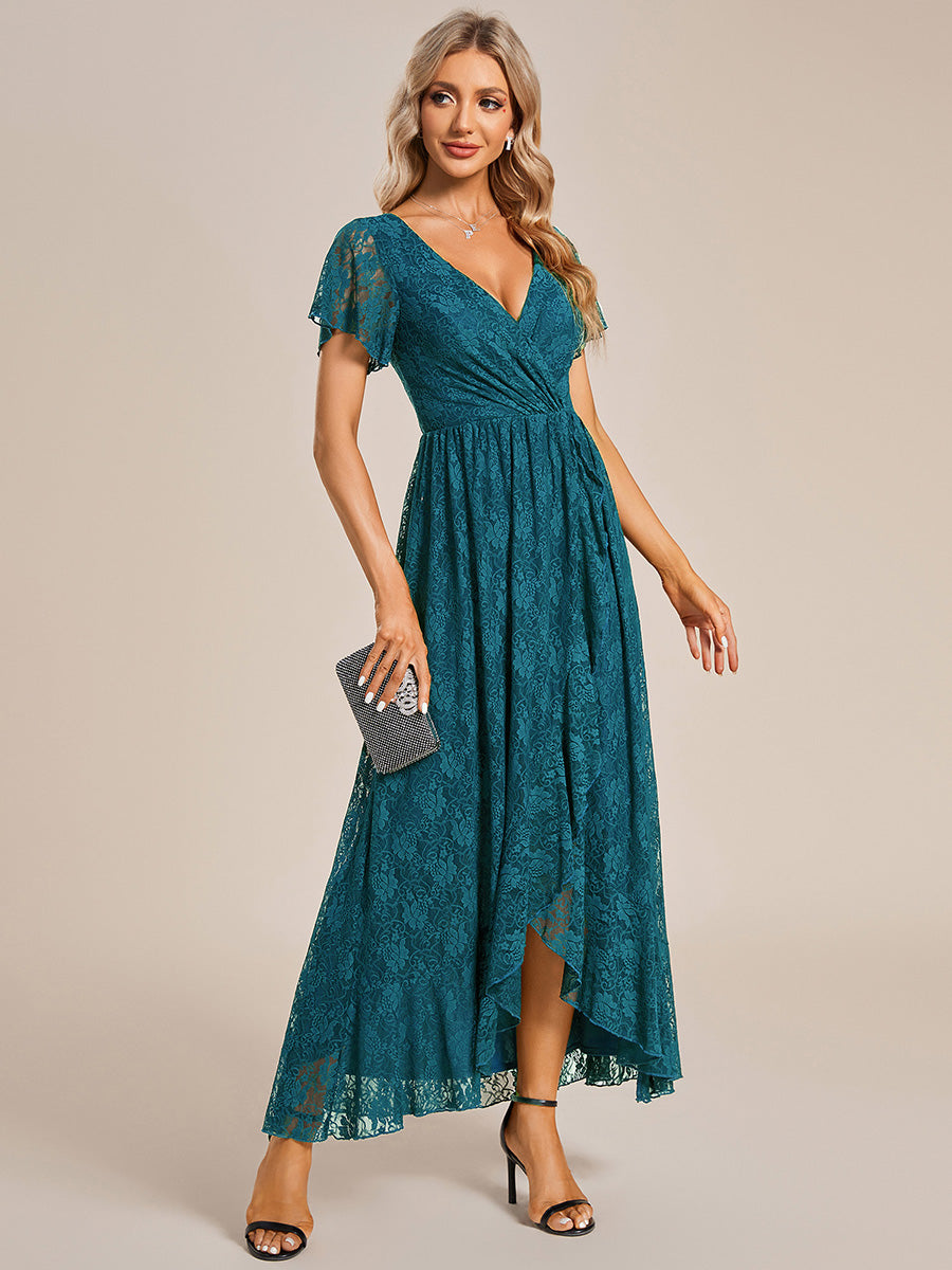 V neckline and lace bodice detail on formal evening gown
