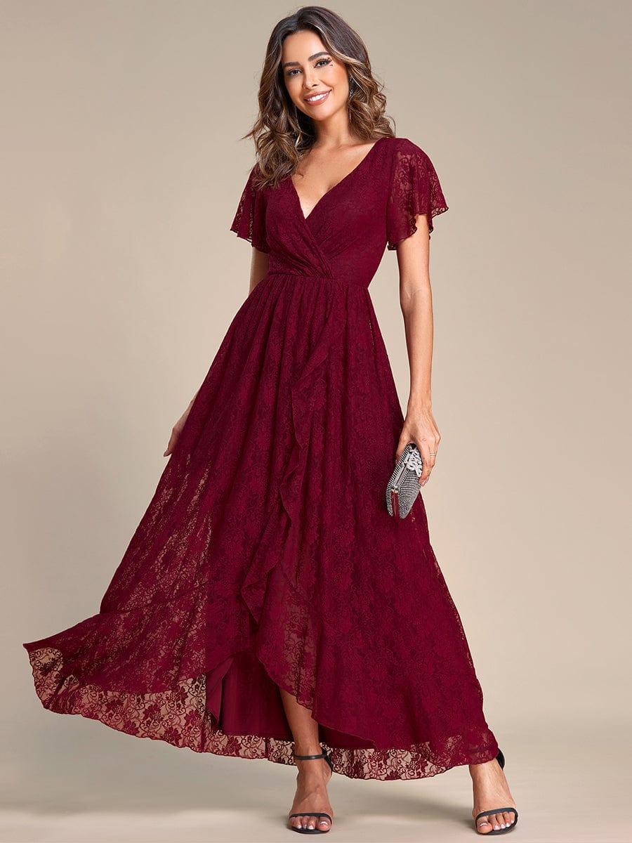 Side profile of elegant V neck lace evening gown