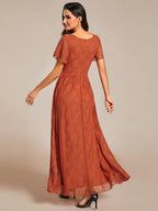 Elegant Pleated V-Neck Lace Evening Dress for Formal Occasions