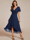 Elegant Ruffle Sleeve Pleated V-Neck Midi Chiffon Wedding Guest Dress