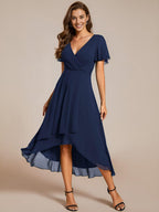 Elegant Ruffle Sleeve Pleated V-Neck Midi Chiffon Wedding Guest Dress