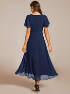 Elegant Ruffle Sleeve Pleated V-Neck Midi Chiffon Wedding Guest Dress