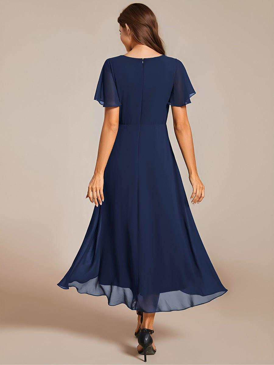 Elegant Ruffle Sleeve Pleated V-Neck Midi Chiffon Wedding Guest Dress