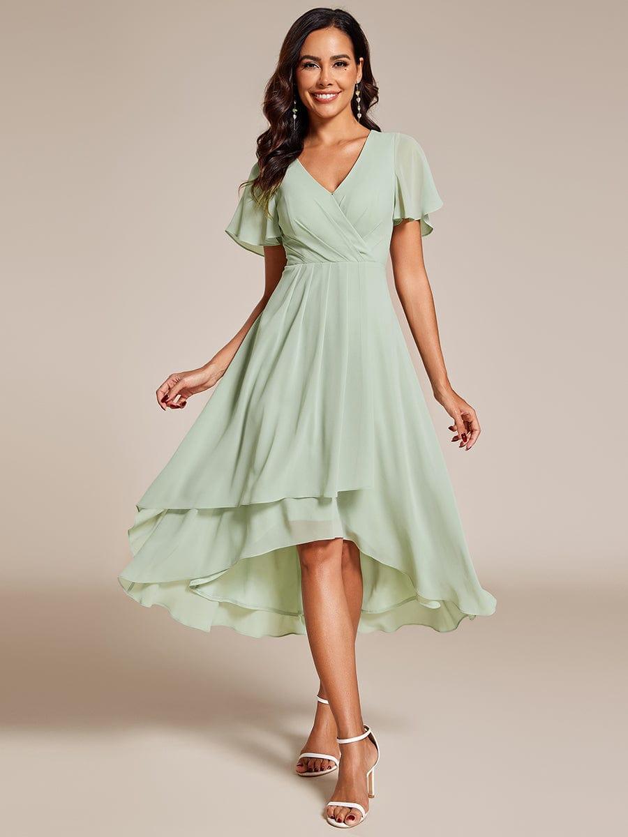 Elegant Ruffle Sleeve Pleated V-Neck Midi Chiffon Wedding Guest Dress