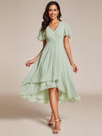 Elegant Ruffle Sleeve Pleated V-Neck Midi Chiffon Wedding Guest Dress